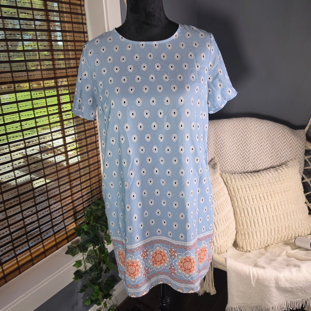 Lulus Blue Teardrop Floral Print Shift Dress Short Sleeve Pockets R66781 Small